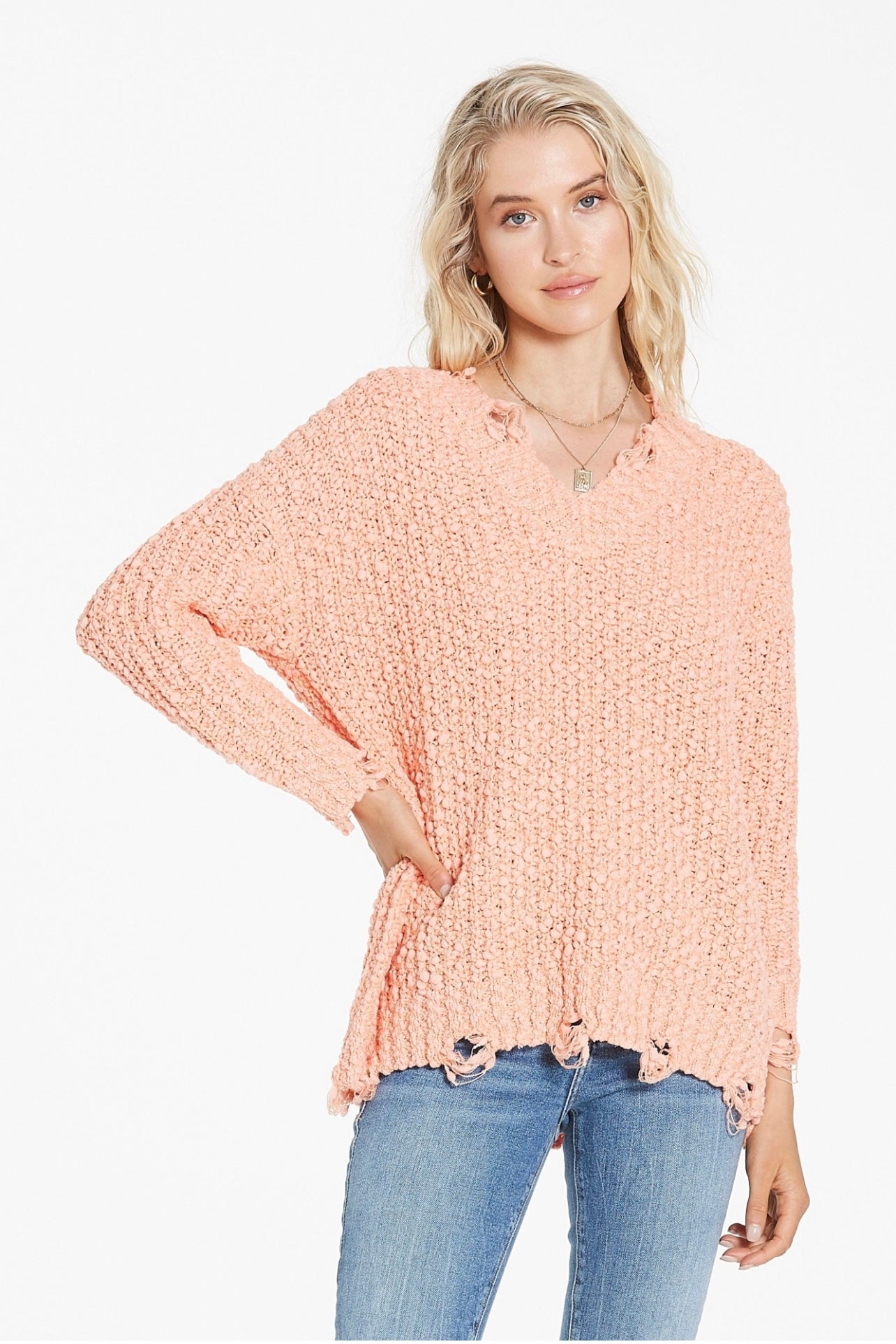 DEMI DESTRESSED VNECK SWEATER