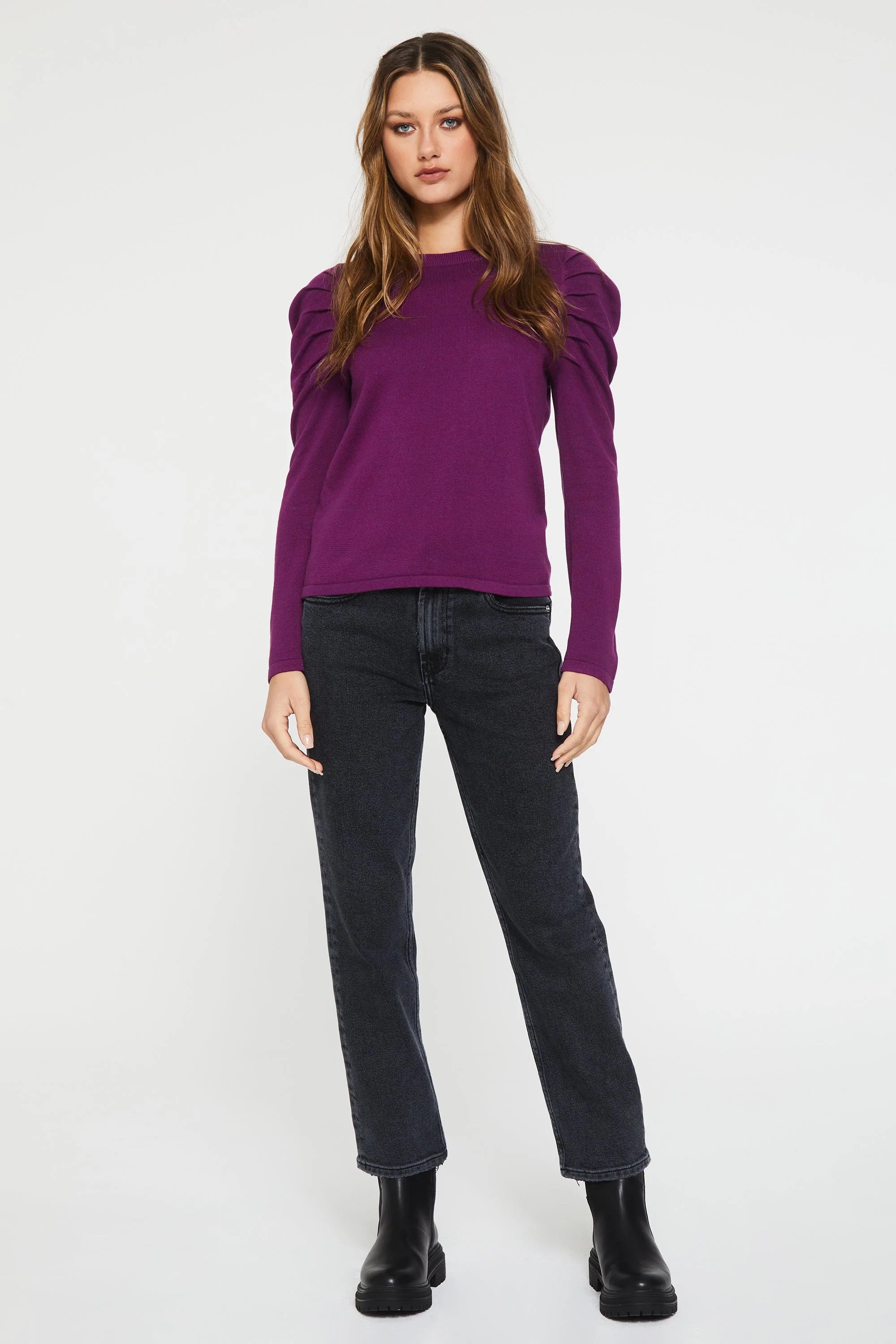 OLIVE SHIRRED PUFF SLEEVE SWEATER