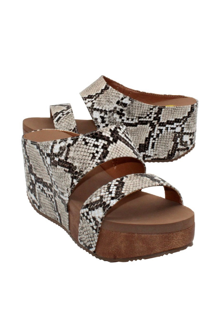 JUSTIFY FAUX SNAKE SLIP ON WEDGE SANDAL