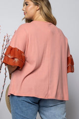CURVY WAFFLE KNIT TOP WITH FLORAL RUFFLE SLEEVES