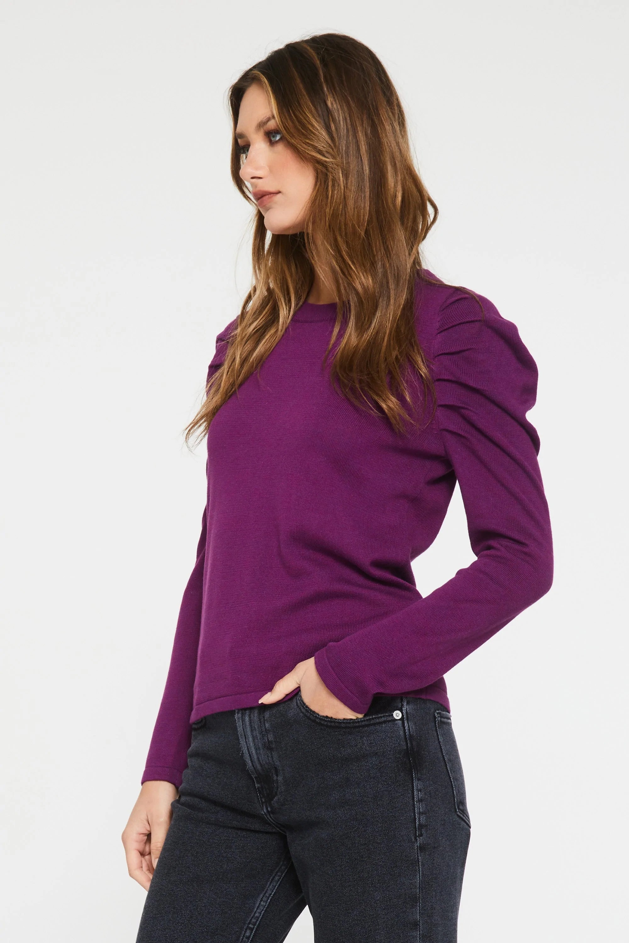 OLIVE SHIRRED PUFF SLEEVE SWEATER