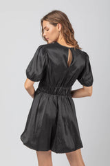 SHORT PUFF SLEEVE BUBBLE HEM DRESS WITH ELASTIC WAIST DETAIL