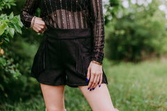 VEGAN SUEDE SHORTS WITH FRINGE DETAIL AND ELASTIC BACK