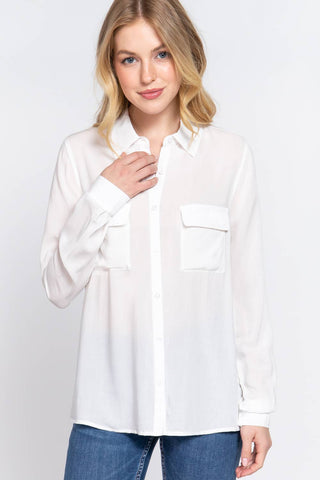LONG SLEEVE BUTTON DOWN WOVEN TOP