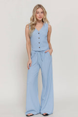 V-Neck Button Closure Vest & Long Pants Set
