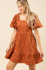 SHORT PUFF SLEEVE SATIN JACQUARD SQUARE NECK DRESS