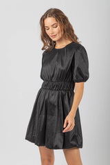 SHORT PUFF SLEEVE BUBBLE HEM DRESS WITH ELASTIC WAIST DETAIL