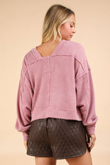 LONG BUBBLE SLEEVE DROPPED SHOULDER PULLOVER WITH TWO TONE RIBBED DETAIL