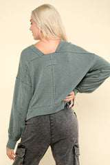 LONG BUBBLE SLEEVE DROPPED SHOULDER PULLOVER WITH TWO TONE RIBBED DETAIL