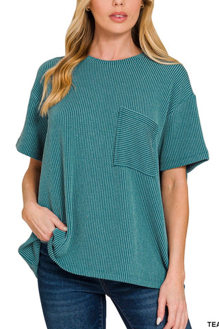 SHORT SLEEVE TWO TONE RIBBED TEE WITH POCKET