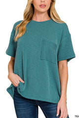 SHORT SLEEVE TWO TONE RIBBED TEE WITH POCKET