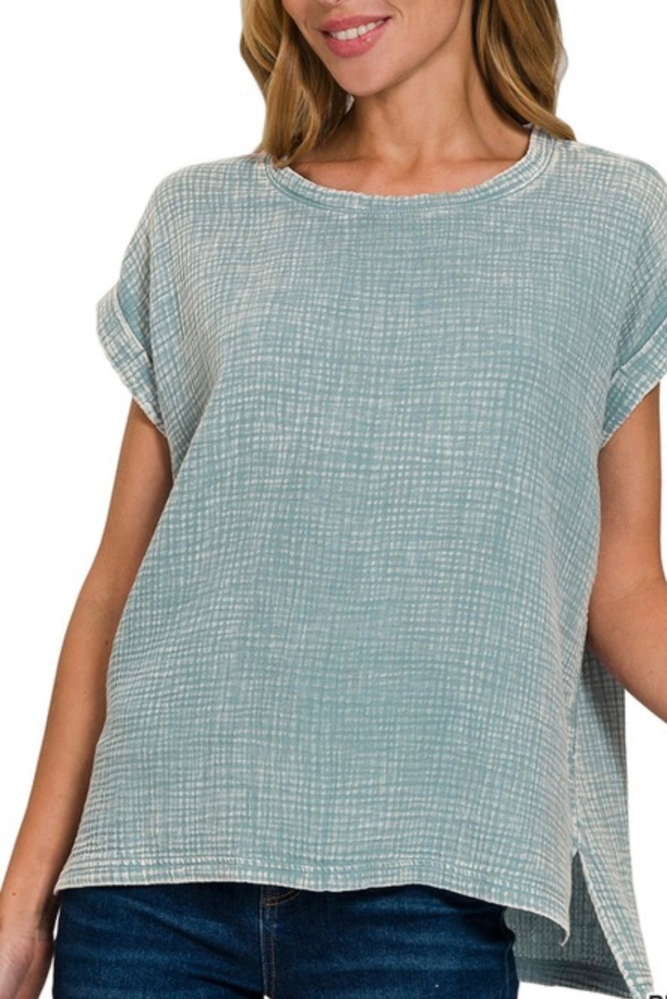 SHORT CUFFED SLEEVE ROUND NECK DOUBLE GAUZE MINERAL WASH TOP