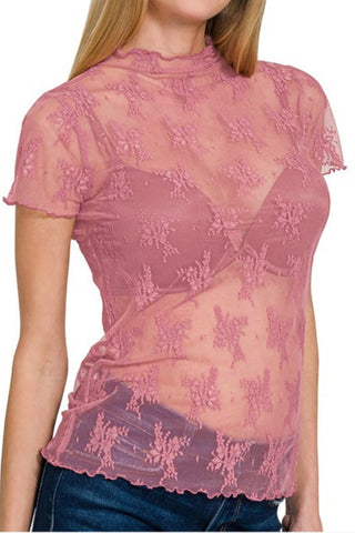 SHORT SLEEVE LACE MESH TOP