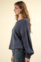 LONG BUBBLE SLEEVE DROPPED SHOULDER PULLOVER WITH TWO TONE RIBBED DETAIL