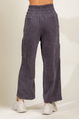 ELASTIC WAIST SOFT CORDUROY WIDE LEG PANTS WITH FRONT SEAM DETAIL