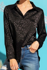 CURVY LONG SLEEVE LEOPARD PRINT SATIN BUTTON DOWN TOP