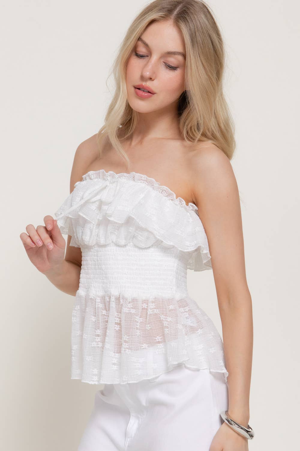Waist Smocking & Ruffle Detail Stretch lace Tue Top
