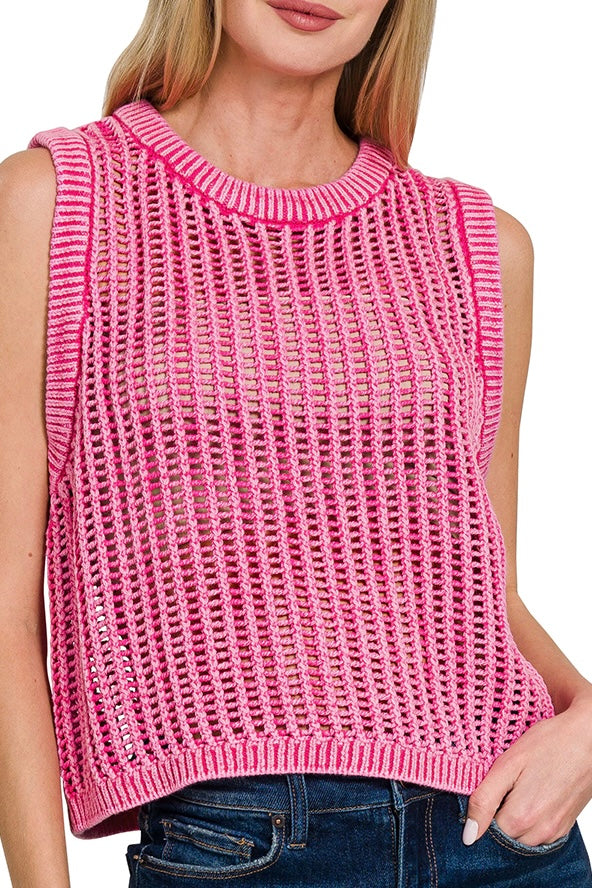 ACID WASHED FISHNET STYLE SWEATER VEST
