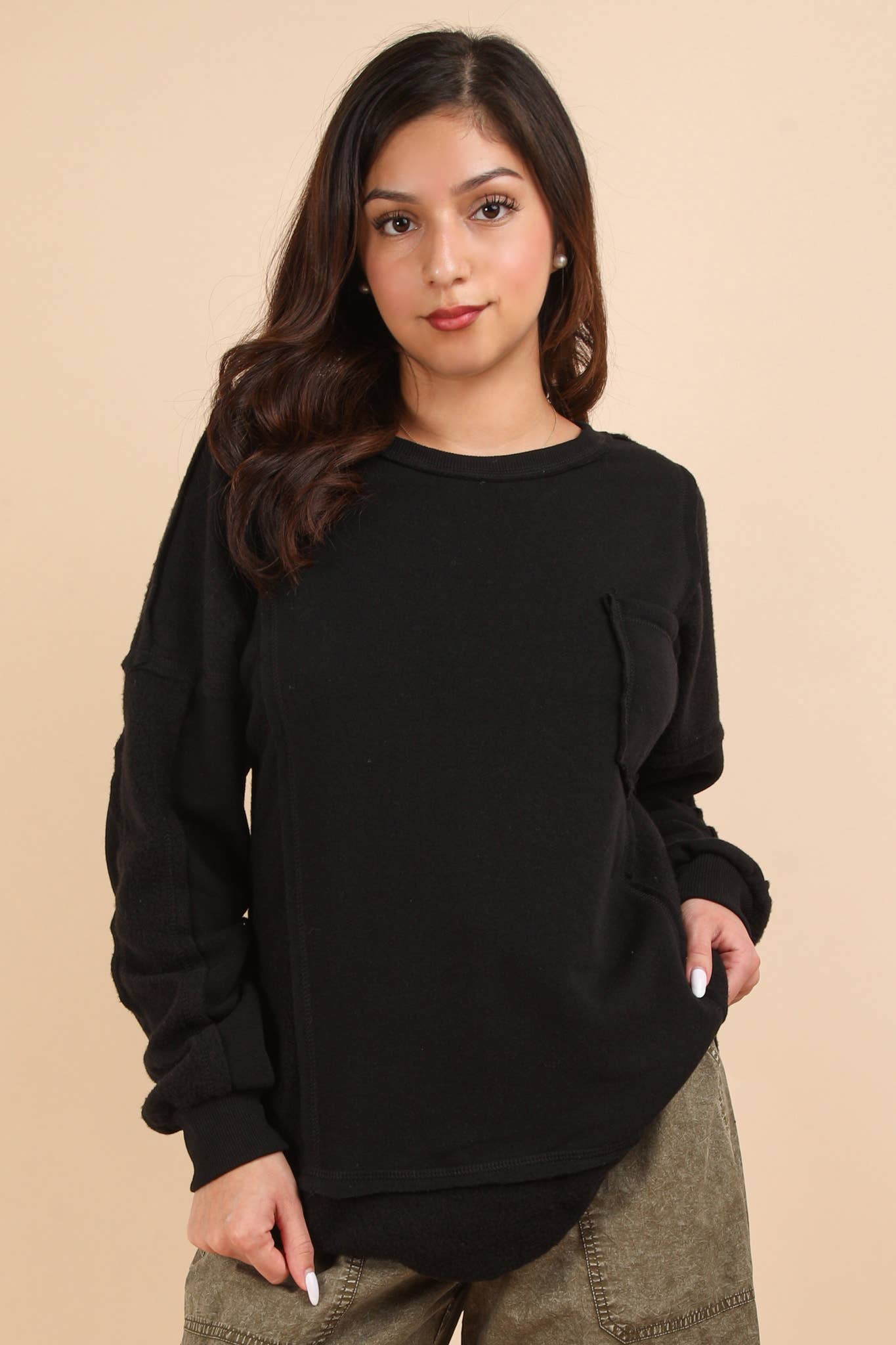 LONG SLEEVE TERRY KNIT CONTRAST PULLOVER WITH POCKET