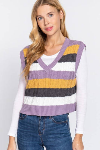 SLEEVELESSS VNECK STRIPED CABLE SWEATER VEST