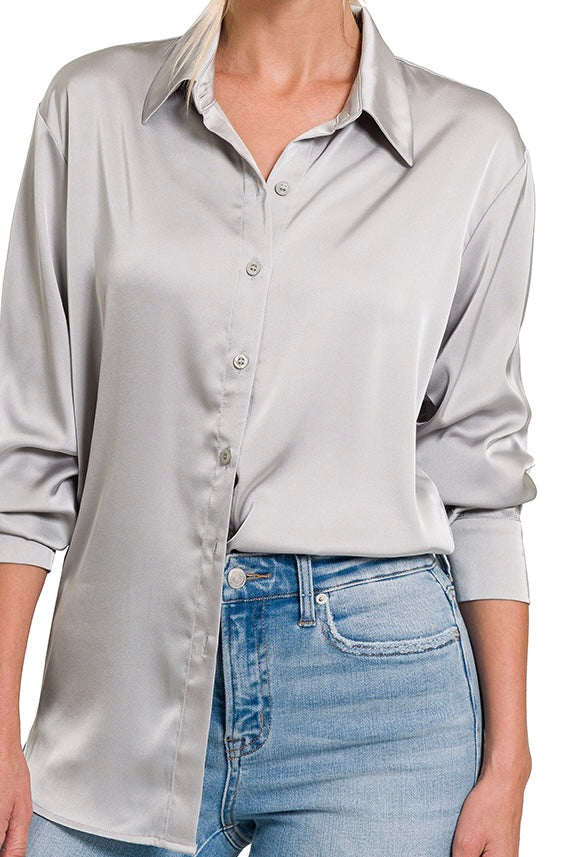 LONG SLEEVE BUTTON DOWN SATIN TOP