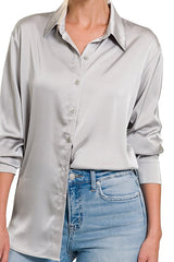 LONG SLEEVE BUTTON DOWN SATIN TOP