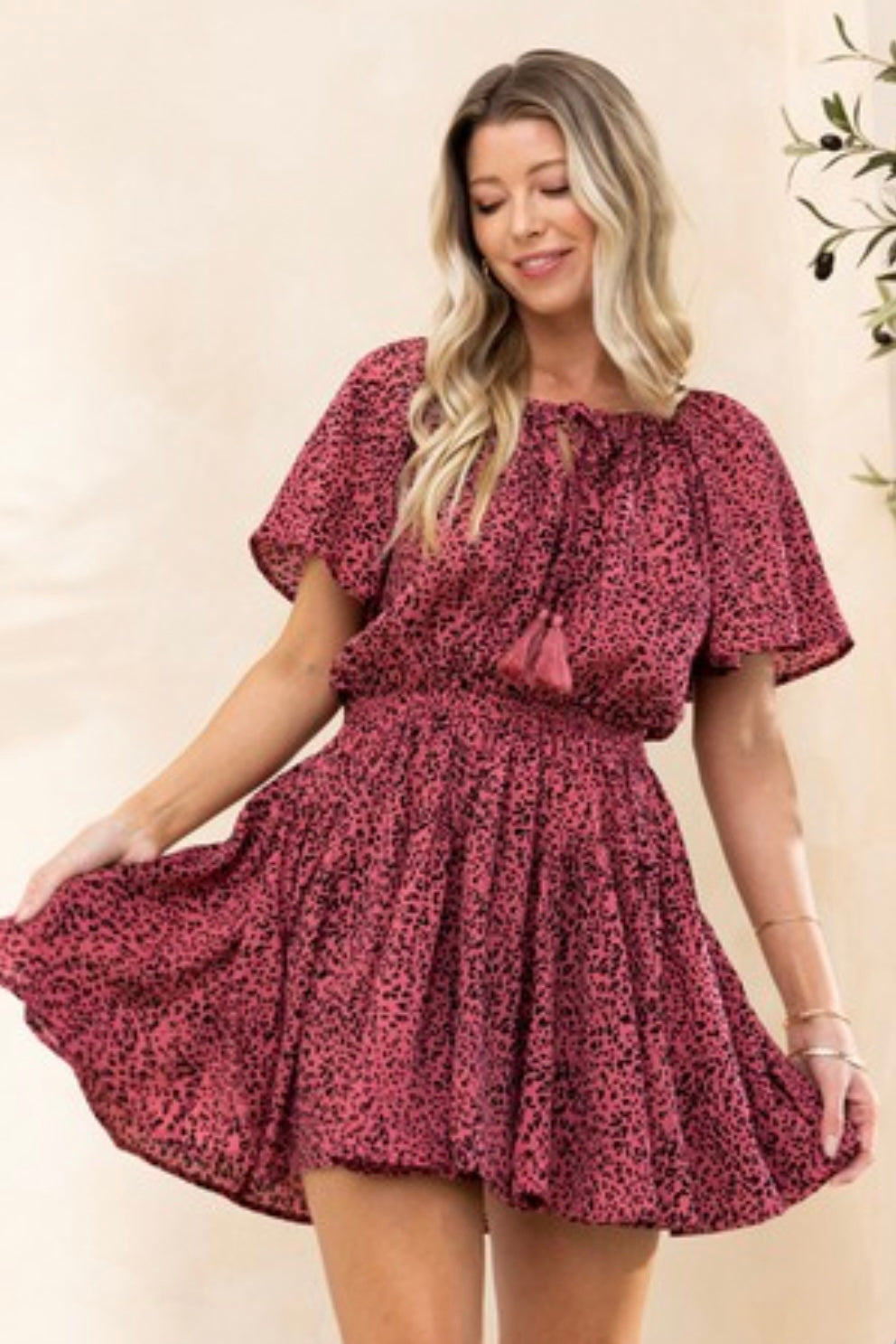 FLUTTER SLEEVE LEOPARD PRINT DRESS WITH TIE NECK AND ELASTIC WAIST