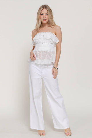 CHIFFON STRAPLESS RUFFLE DETAIL TOP WITH SMOCKING DETAIL