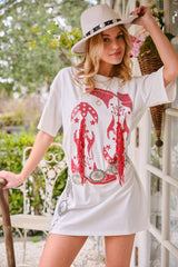 SHORT SLEEVE TSHIRT DRESS WITH SEQUIN BOOT GRAPHIC AND FRINGE