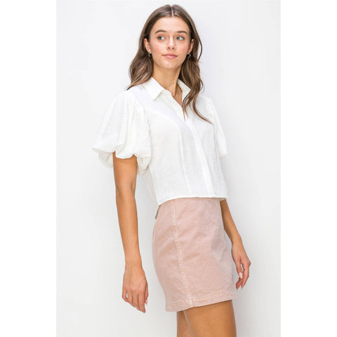 COLLARED BUBBLE SLEEVE BUTTON DOWN TOP