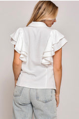 DOUBLE RUFFLE SLEEVED BUTTON DOWN TOP