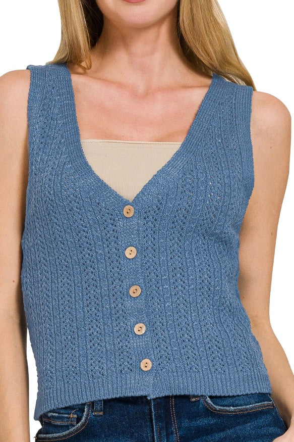 BUTTON DOWN SWEATER VEST WITH EYELET DETAIL