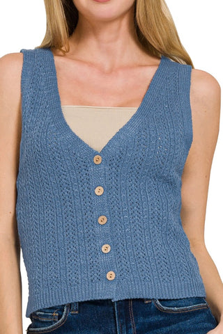 BUTTON DOWN SWEATER VEST WITH EYELET DETAIL