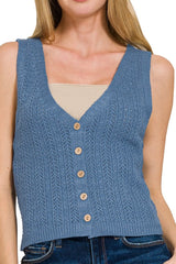 BUTTON DOWN SWEATER VEST WITH EYELET DETAIL