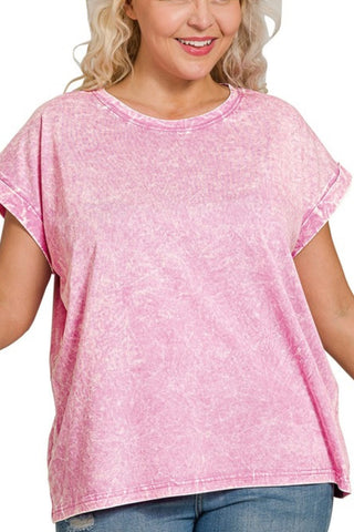 CURVY RELAX FIT MINERAL WASH TEE WITH FOLDOVER SLEEVES