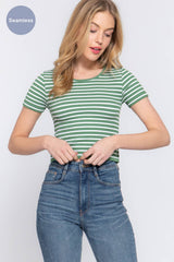 Short Sleeve Crew Neck Stripe Seamless Rib Knit Top