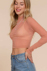 LONG SLEEVE MOCK NECK MESH TOP