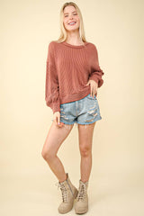 LONG BUBBLE SLEEVE DROPPED SHOULDER PULLOVER WITH TWO TONE RIBBED DETAIL