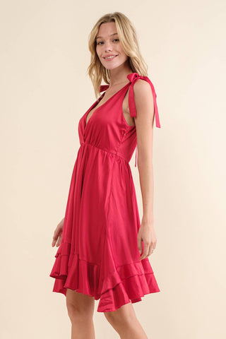 SATIN SWING DRESS WITH SHOULDER TIE DETAIL