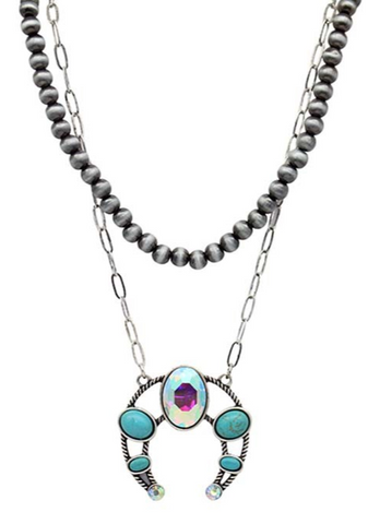 NAVAJO PEARL AND PAPERCLIP LAYERED NECKLACE WITH TURQUOISE STONE AND CRYSTAL SQUASH BLOSSOM