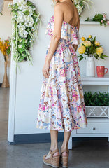 FLORAL PRINT STRAPLESS TIERED DRESS