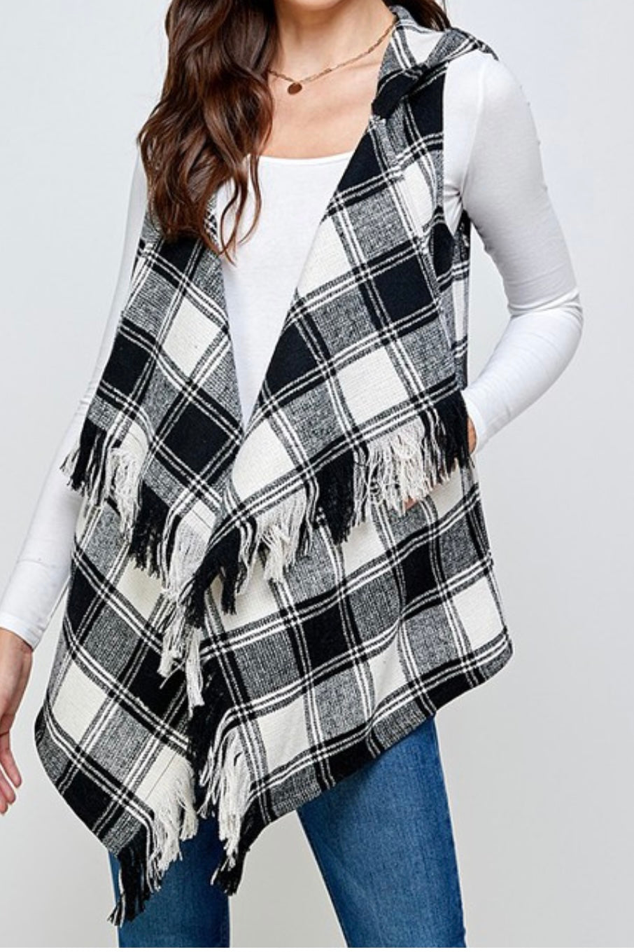 PLAID HOODY VEST WITH FRINGE DETAIL