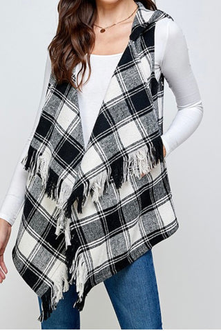 PLAID HOODY VEST WITH FRINGE DETAIL