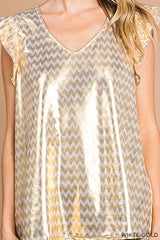 FLUTTER SLEEVE FOIL CHEVRON PRINT TOP