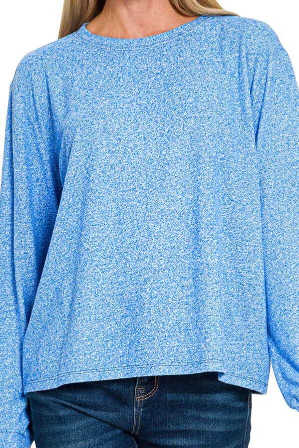 CURVY LONG SLEEVE SOFT MELANGE HACCI ROUND NECK TOP