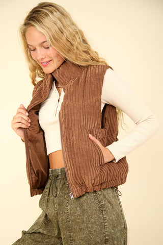 ZIP UP CORDUROY PUFFER VEST WITH POCKETS