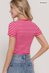 Short Sleeve Crew Neck Stripe Seamless Rib Knit Top