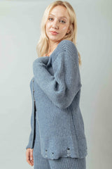 LONG SLEEVE SWEATER CARDI WITH DISTRESSED HEM