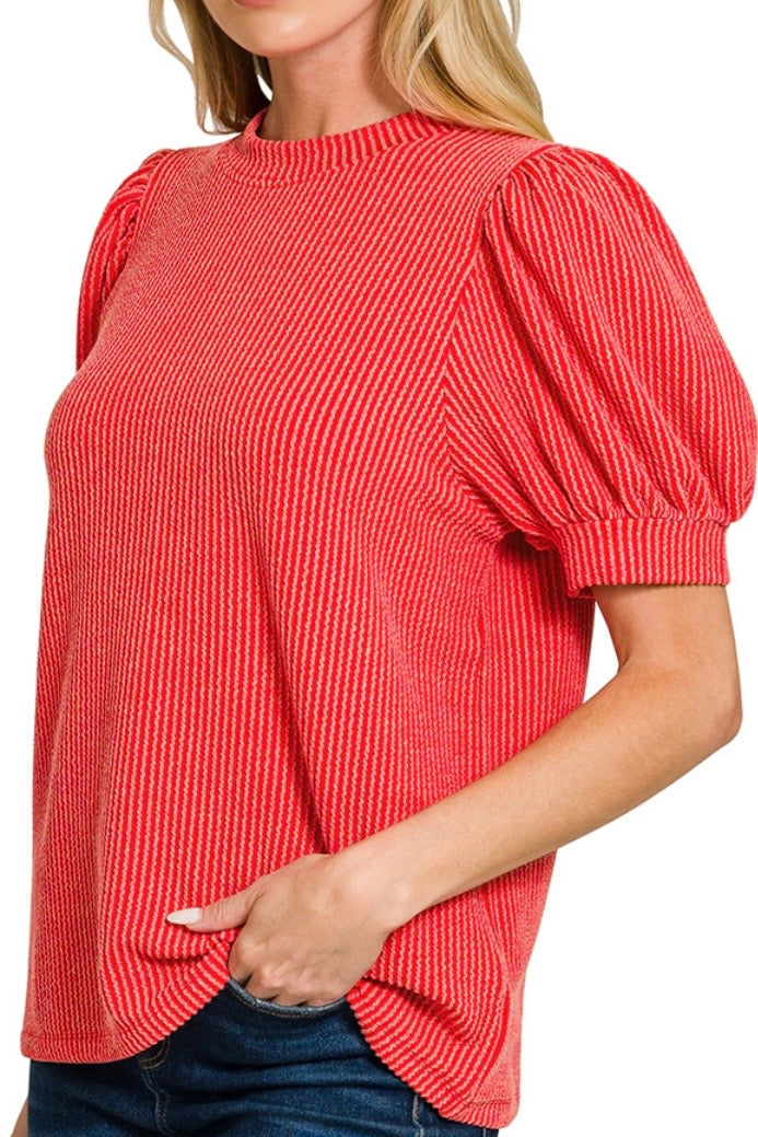 PUFF SLEEVE TWO TONE RIBBED TOP