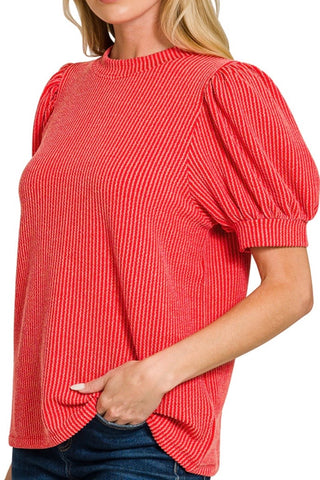 PUFF SLEEVE TWO TONE RIBBED TOP